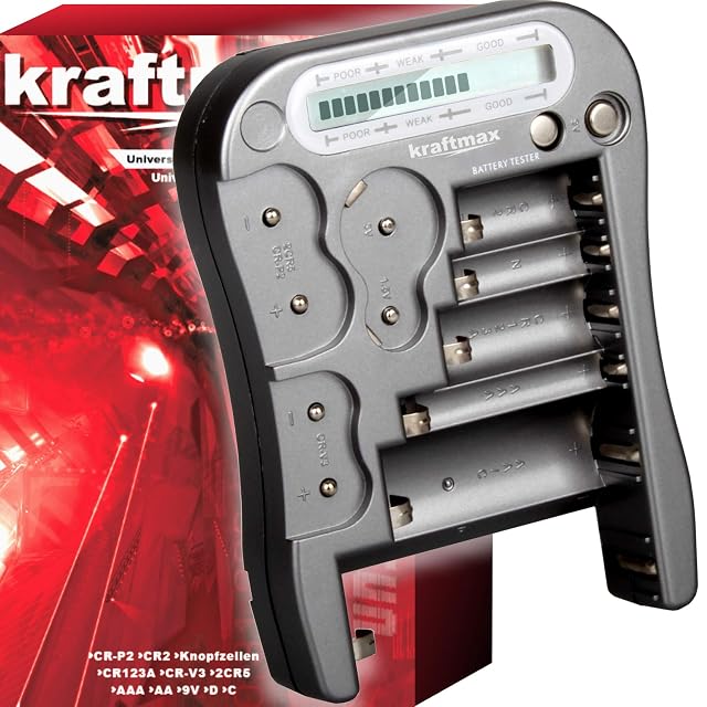 kraftmax Battery Tester V2 Professional mit einem 9-V-Block, Display beleuchtet