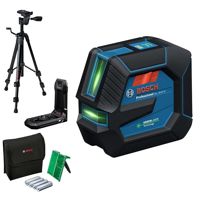Bosch Professional GLL 20-22 G grüner Linienlaser in blauer Gummipanzerung, mit LB-10-Halterung und Zieltafel