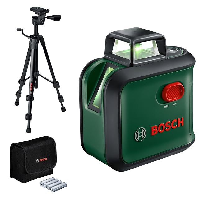 Bosch AdvancedLevel 360 grüner Linienlaser auf dem mitgelieferten Stativ, mit waagerechter 360-Grad-Linie