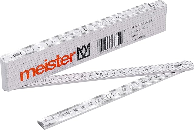 Meister Gliedermaßstab aus weißer Buche ausgeklappt, mit großen Zehn-Zentimeter-Ziffern