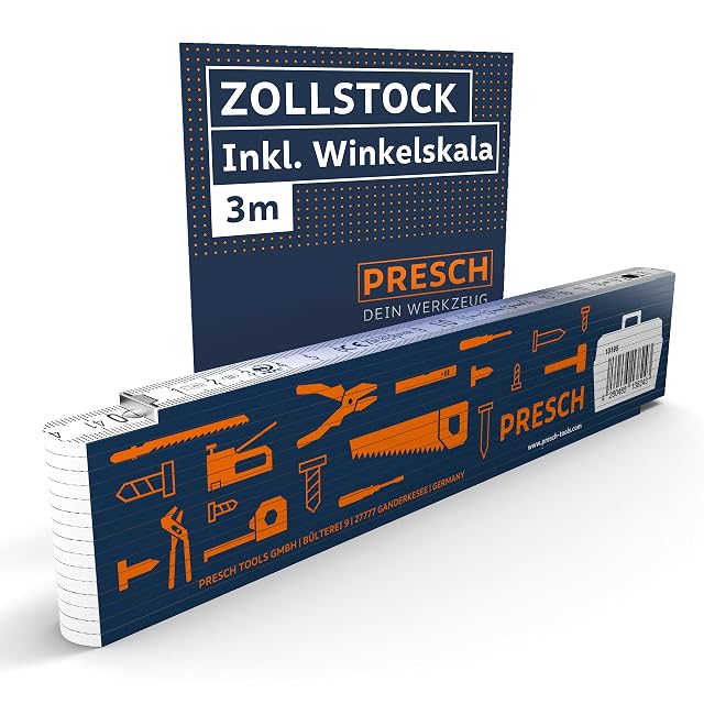 PRESCH blauer Gliedermaßstab im Winkel geöffnet, mit der aufgedruckten Winkelskala am Gelenk