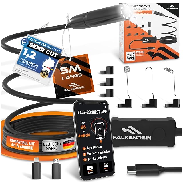 FALKENREIN Endoskopkamera-Satz mit aufgerolltem Kabel und Telefonadaptern