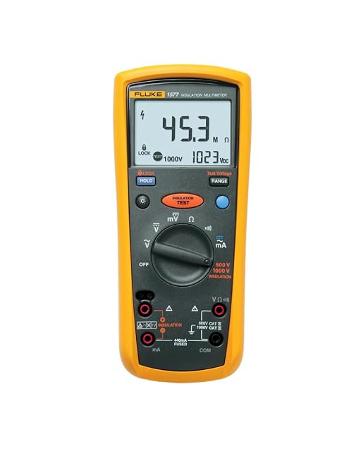 Fluke 1577 Isolationsmultimeter in Gelb und Grau mit aufgerollten Messleitungen