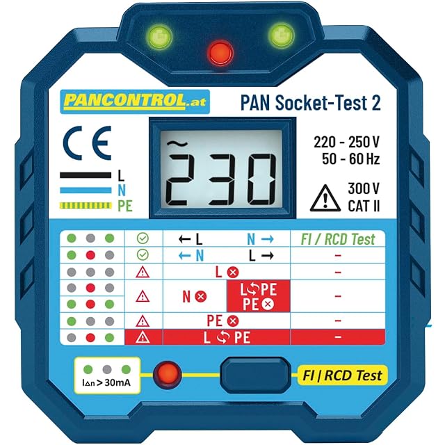 PANCONTROL Steckdosenprüfer eingesteckt, mit leuchtenden Anzeigelampen