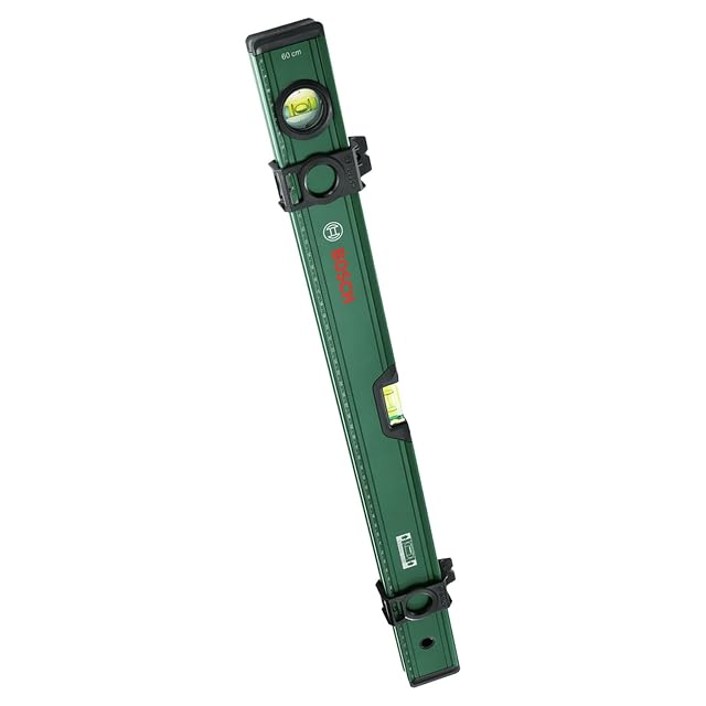 Bosch 60-cm-Aluminium-Wasserwaage mit fluoreszierenden Libellen, aufgedruckter Skala und zwei Markierschiebern