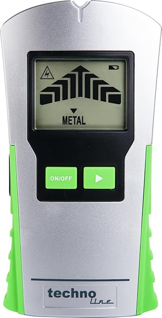 technoline WZ1200 Ortungsgerät an einer Gipskartonwand, Display mit einem erkannten Ständer