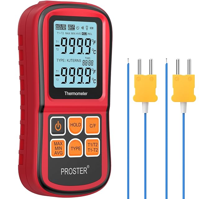 Proster Zweikanal-Thermometer mit zwei angeschlossenen Typ-K-Fühlern, beide Werte im Display